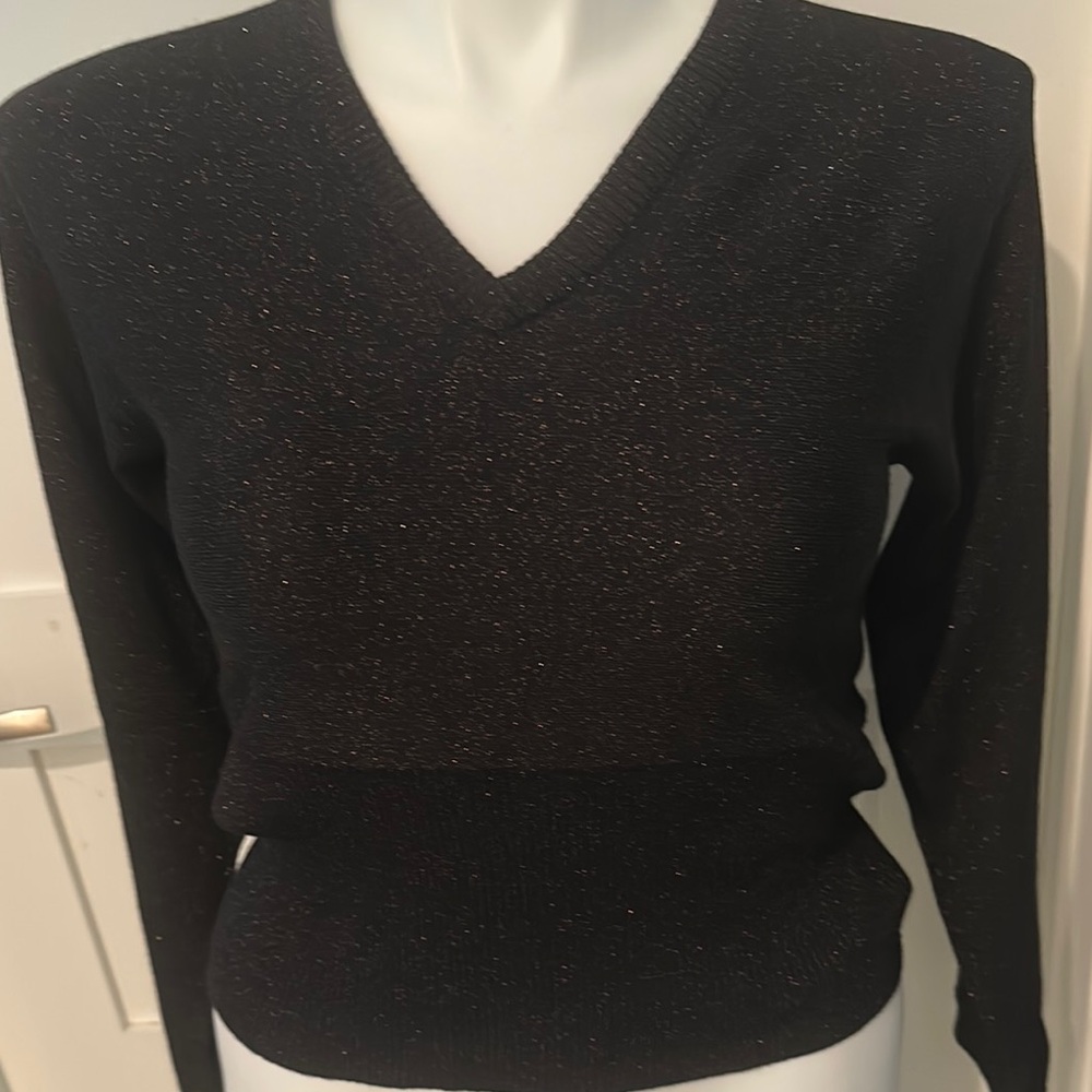 Black V-Neck Fine-Knit Sweater Size L